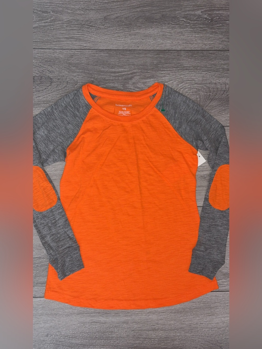 Boxercraft Youth Small Baseball Tee Long Sleeved W Elbow Patch Orange Gray NEW